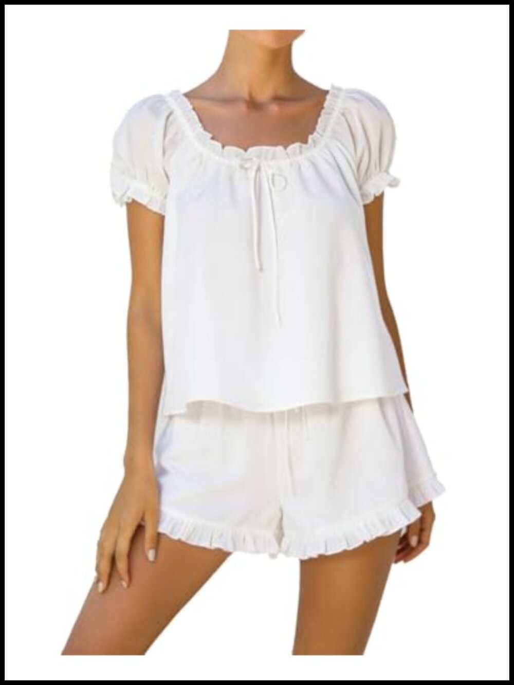 Women's Cotton Pajama Set Ruffle Puff Sleeve Shorts Sleepwear 2 Piece